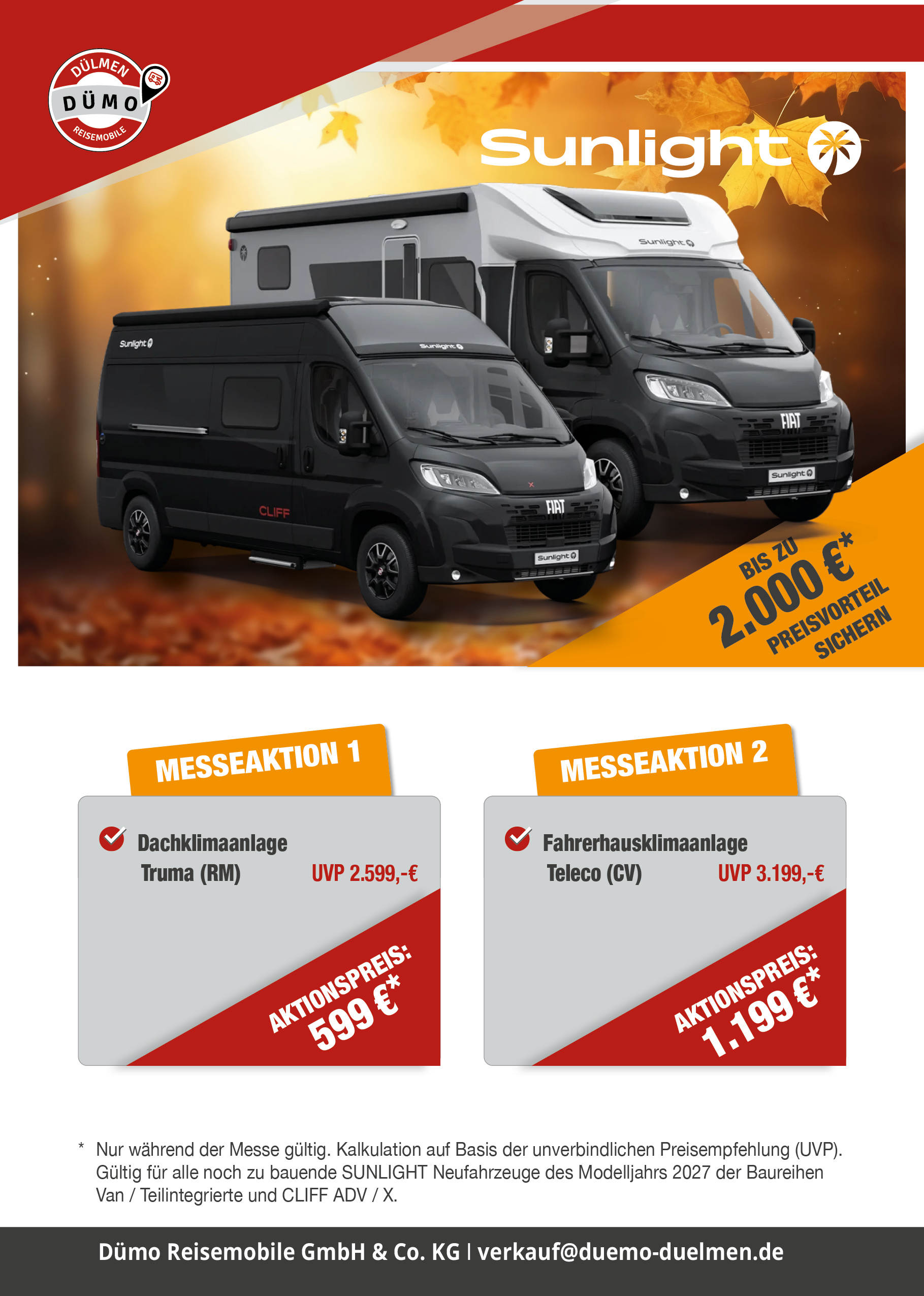Werbegrafik von Dümo Reisemobile zur Sunlight Herbstmesse 2026. Zu sehen sind ein Sunlight Cliff Campervan und ein Sunlight Reisemobil. Beworben werden stark reduzierte Klimaanlagen-Pakete mit Preisvorteilen von bis zu 2.000 €. Bildbeschreibung
