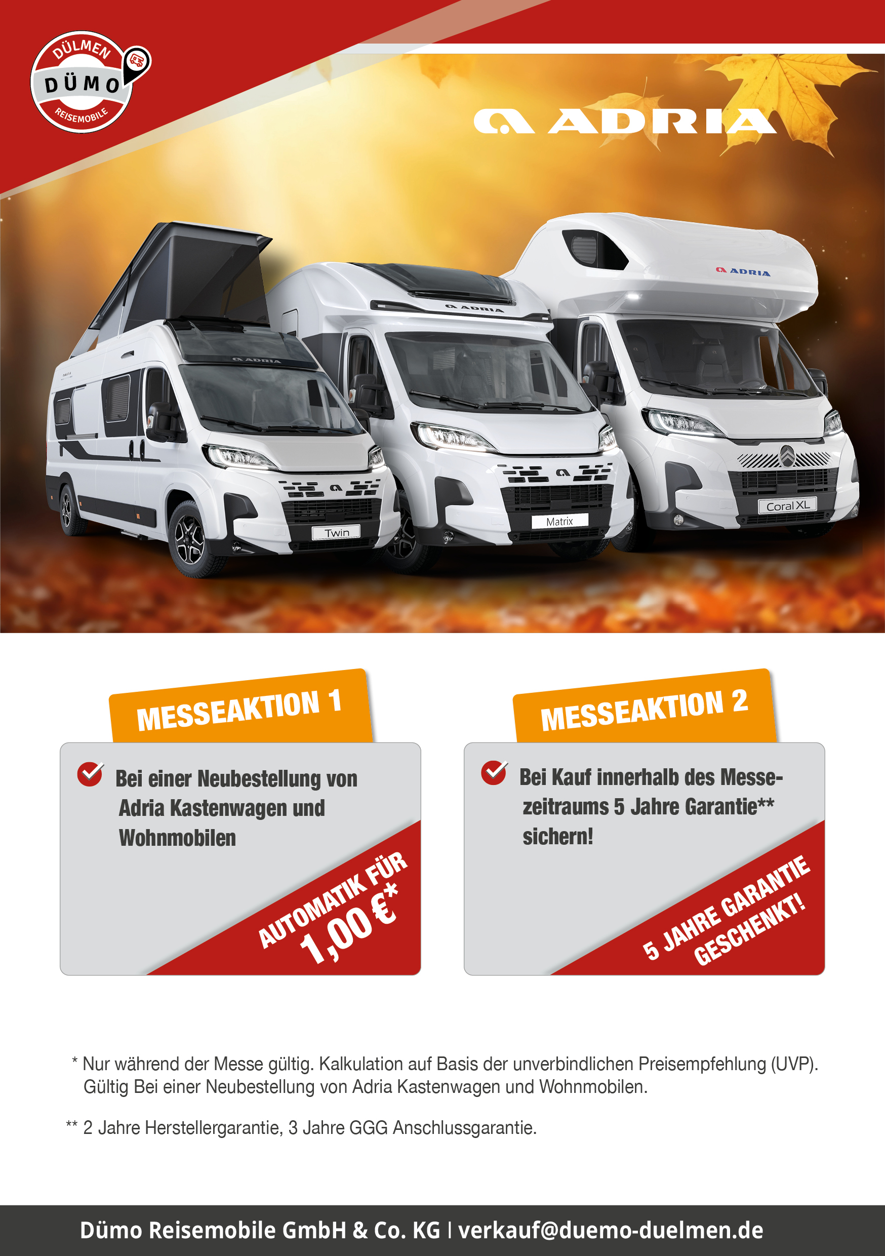 Werbegrafik von Dümo Reisemobile zur Adria Herbstmesse 2026. Zu sehen sind drei Adria Modelle. Beworben werden ein Automatikgetriebe für nur 1 € bei Neubestellungen sowie 5 Jahre Garantie im Messezeitraum.