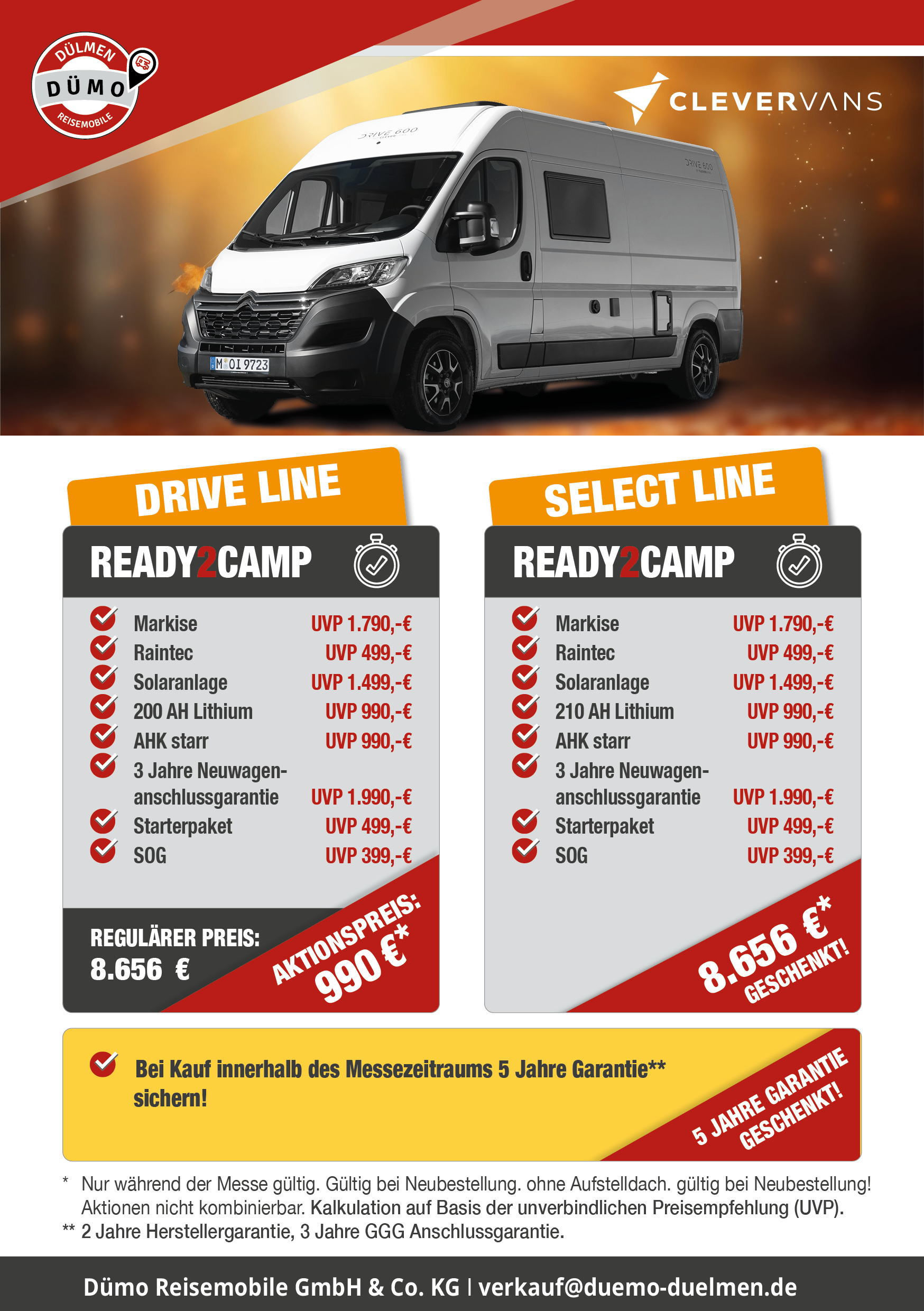 Werbegrafik von Dümo Reisemobile zur CleverVans Ready2Camp Aktion. Abgebildet ist ein CleverVans Campervan. Beworben werden umfangreiche Ausstattungspakete für die Drive Line und Select Line mit Preisvorteilen von bis zu 8.656 Euro sowie 5 Jahren Garantie im Messezeitraum.
