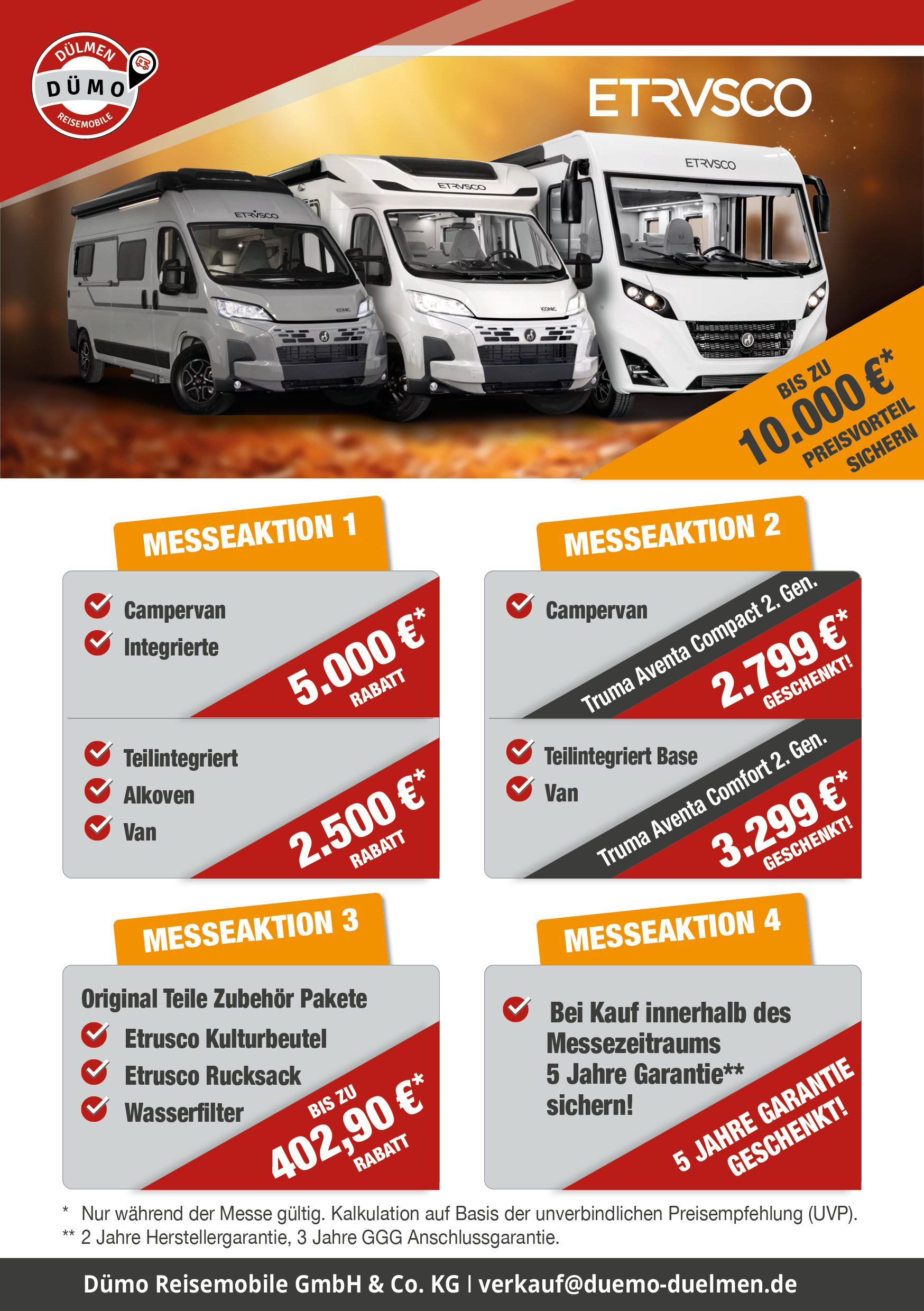 Werbegrafik von Dümo Reisemobile zur Etrusco Herbstmesse 2026. Abgebildet sind ein Campervan, ein teilintegriertes Reisemobil und ein integriertes Reisemobil von Etrusco. Beworben werden Preisvorteile bis zu 10.000 Euro, kostenlose Zubehörpakete und 5 Jahre Garantie.