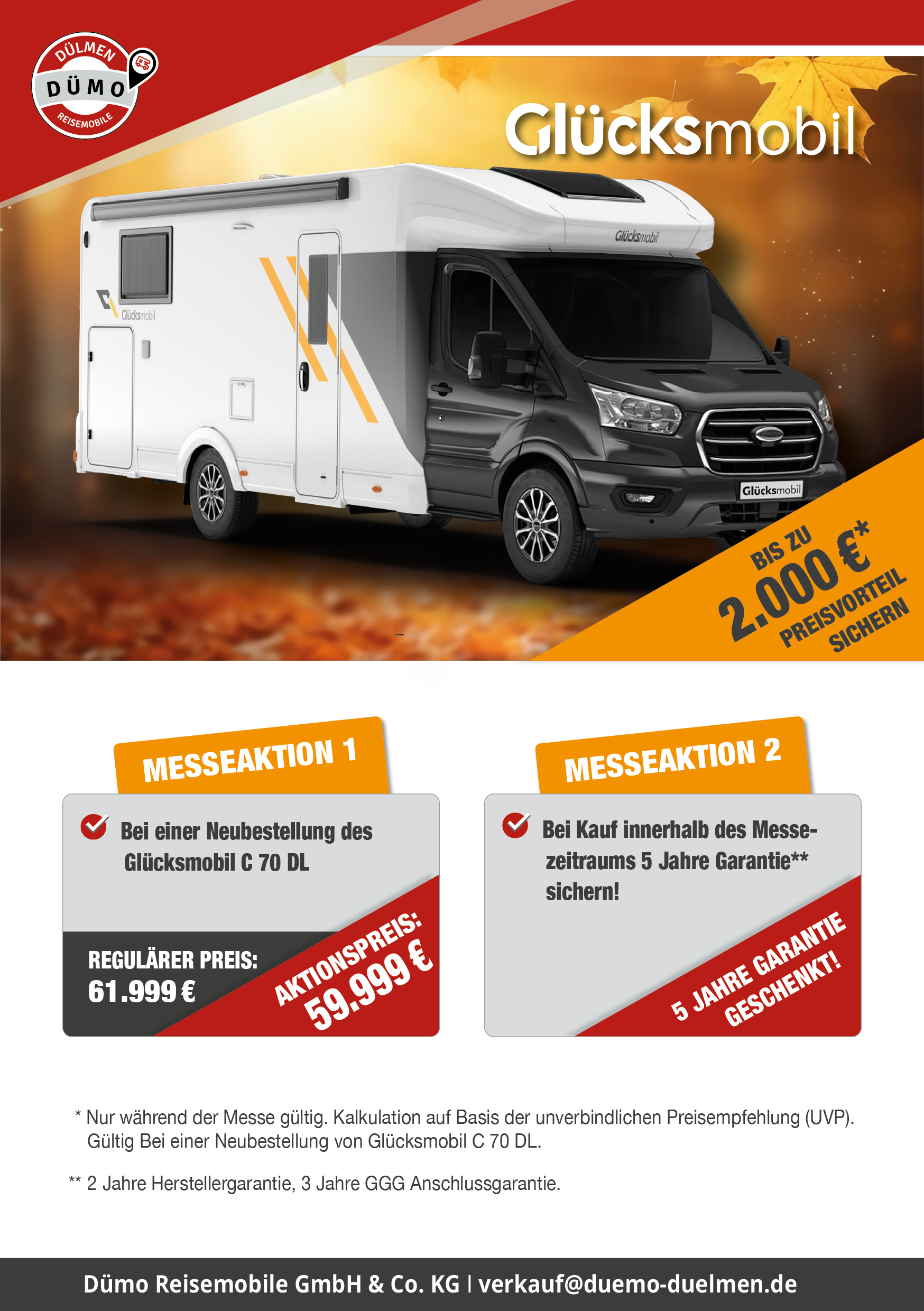 Werbegrafik von Dümo Reisemobile zur Glücksmobil Herbstmesse 2026. Abgebildet ist ein Glücksmobil C 70 DL Reisemobil. Beworben werden ein Aktionspreis von 59.999 € statt 61.999 € sowie 5 Jahre Garantie beim Kauf innerhalb des Messezeitraums.