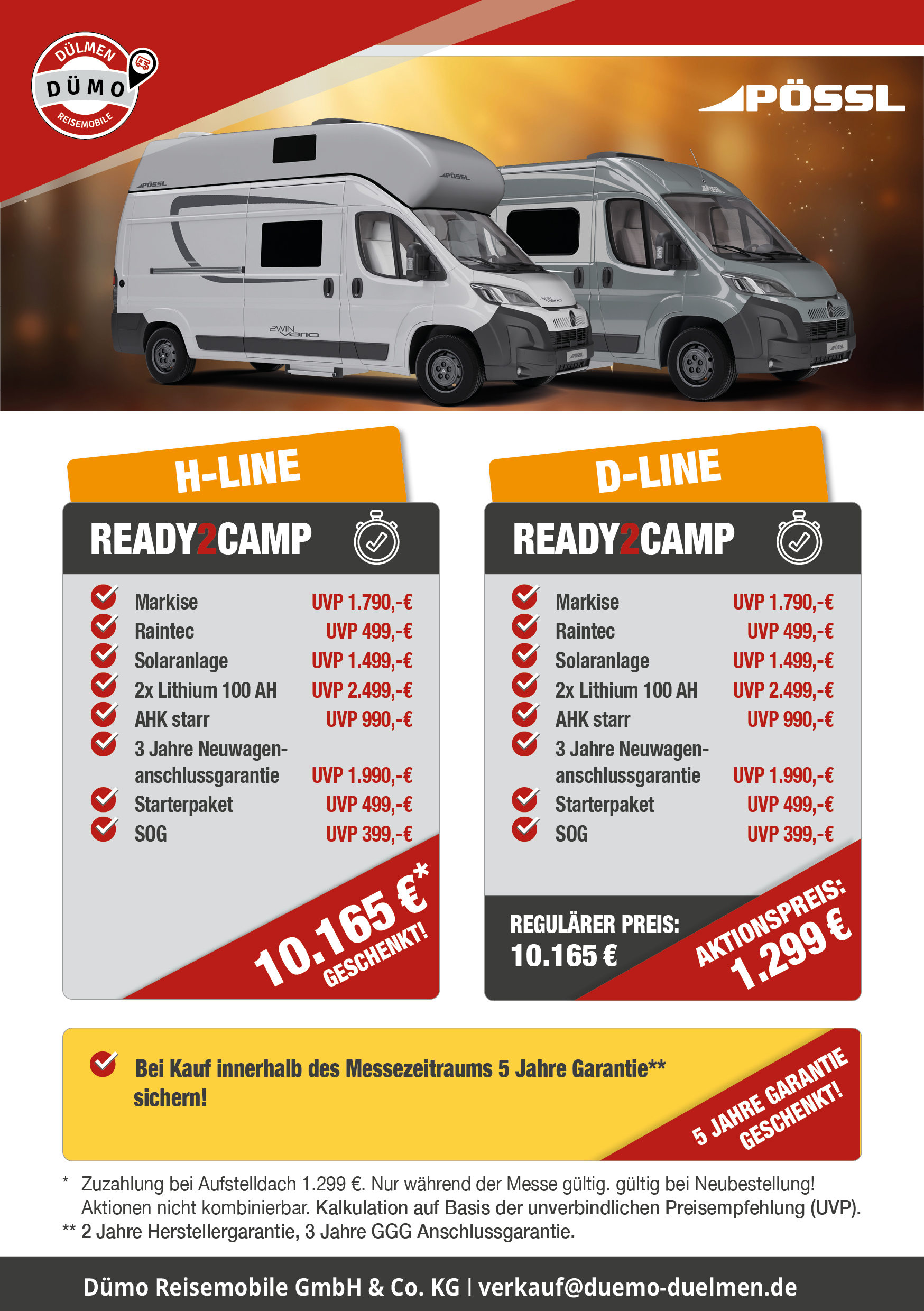 Werbegrafik von Dümo Reisemobile zur PÖSSL Ready2Camp Aktion. Zwei PÖSSL Campervans werden präsentiert. Hervorgehoben werden umfangreiche Ausstattungspakete mit Preisvorteilen von über 10.000 Euro, ein Aktionspreis ab 1.299 Euro sowie 5 Jahre Garantie beim Kauf im Messezeitraum.